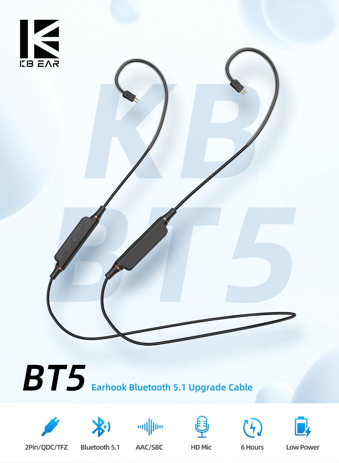 KBEAR BT5 Bluetooth 5.1 Earphone Adapter Cable with HD Mic USB C Charging, 6hrs Playtime IPX5 Waterproof Neckband Earhook Wireless Replacement Cable for KZ ZST AS10 ZST X V90 T3 C10 BL03 Aria 7Hz