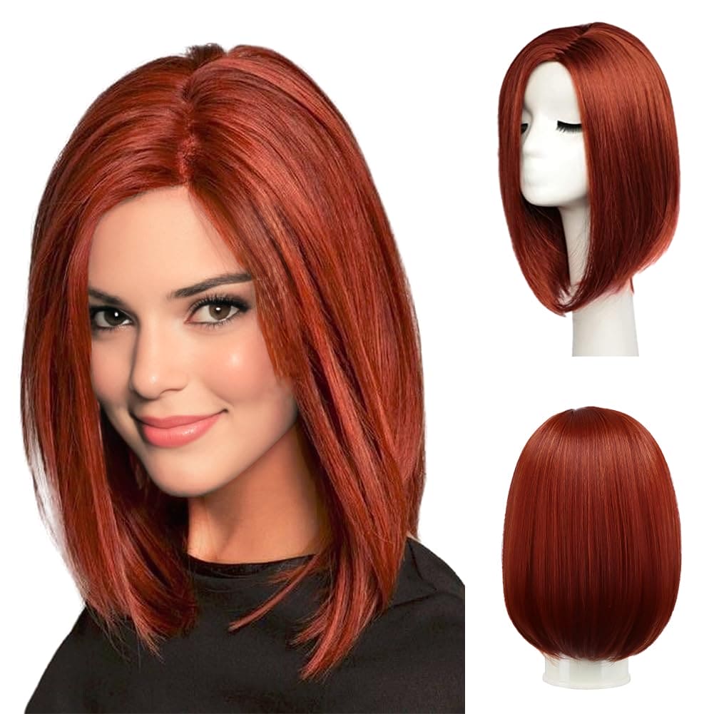 BESTUNG Short Bob Red Wigs for Women Neck Length Full Wig Natural Honey Red color Looking with Wig Cap(12 inch)