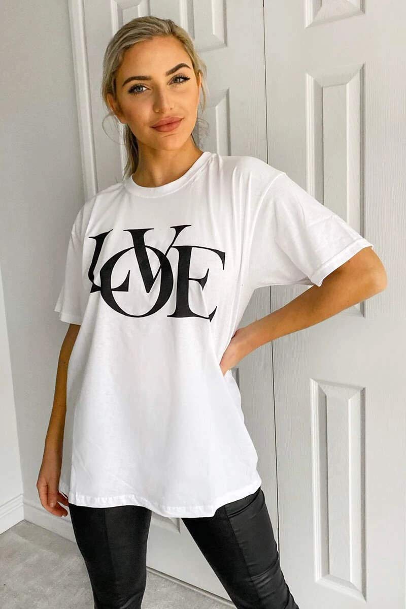 Womens Love Slogan Short Sleeve Oversized Printed Casual Summer Baggy Fashion Ladies Tshirt Tee Plus Size Top (White, SM (UK 8-10))