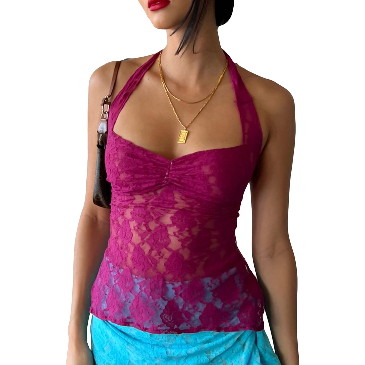 RUIBBWAN Women Y2K Sexy Halter Lace See Through Crop Top Floral Spaghetti Strap Tie Backless Vest Tank Top Summer Club Tops (Purple, S)