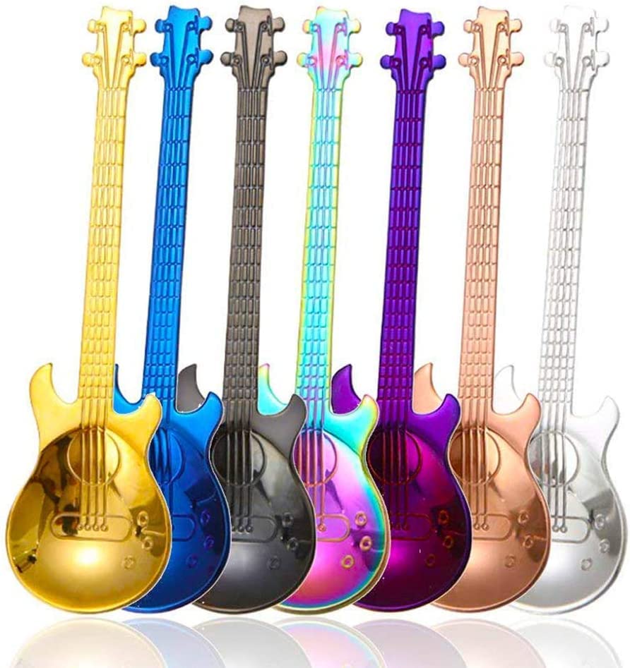 Guitar Coffee Teaspoons, 7pcs Colorful Stainless Steel Musical Coffee Spoons Cute Tea Spoons Set Stirring/Mixing/Sugar/Dessert/Jam/Ice Cream Spoon