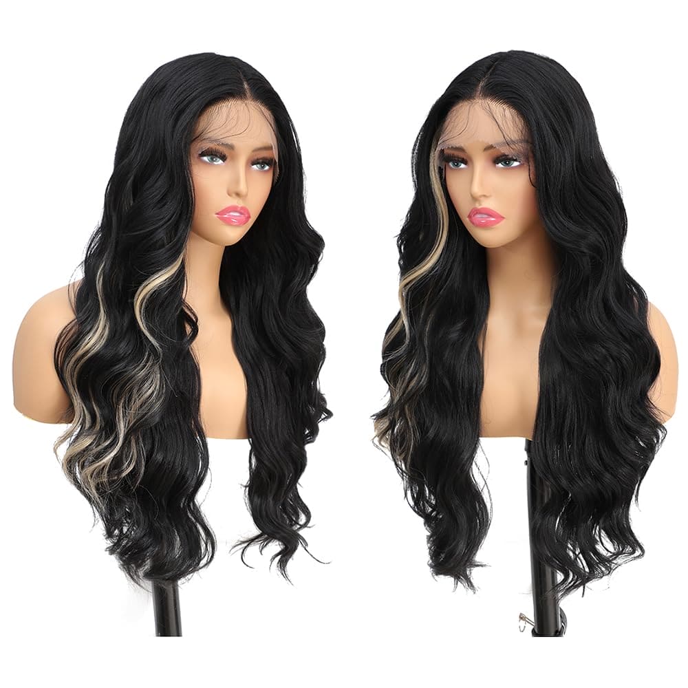 X-Tress 26" Brown Skunk Lace Front Wig HighLight Synthetic Natural Wavy Hair Wig for Women Black Wig for Women 13x4x1 Lace Front Wig for Women Body Wave Wig Blend Mixed Hair Wig(Brown Skunk)