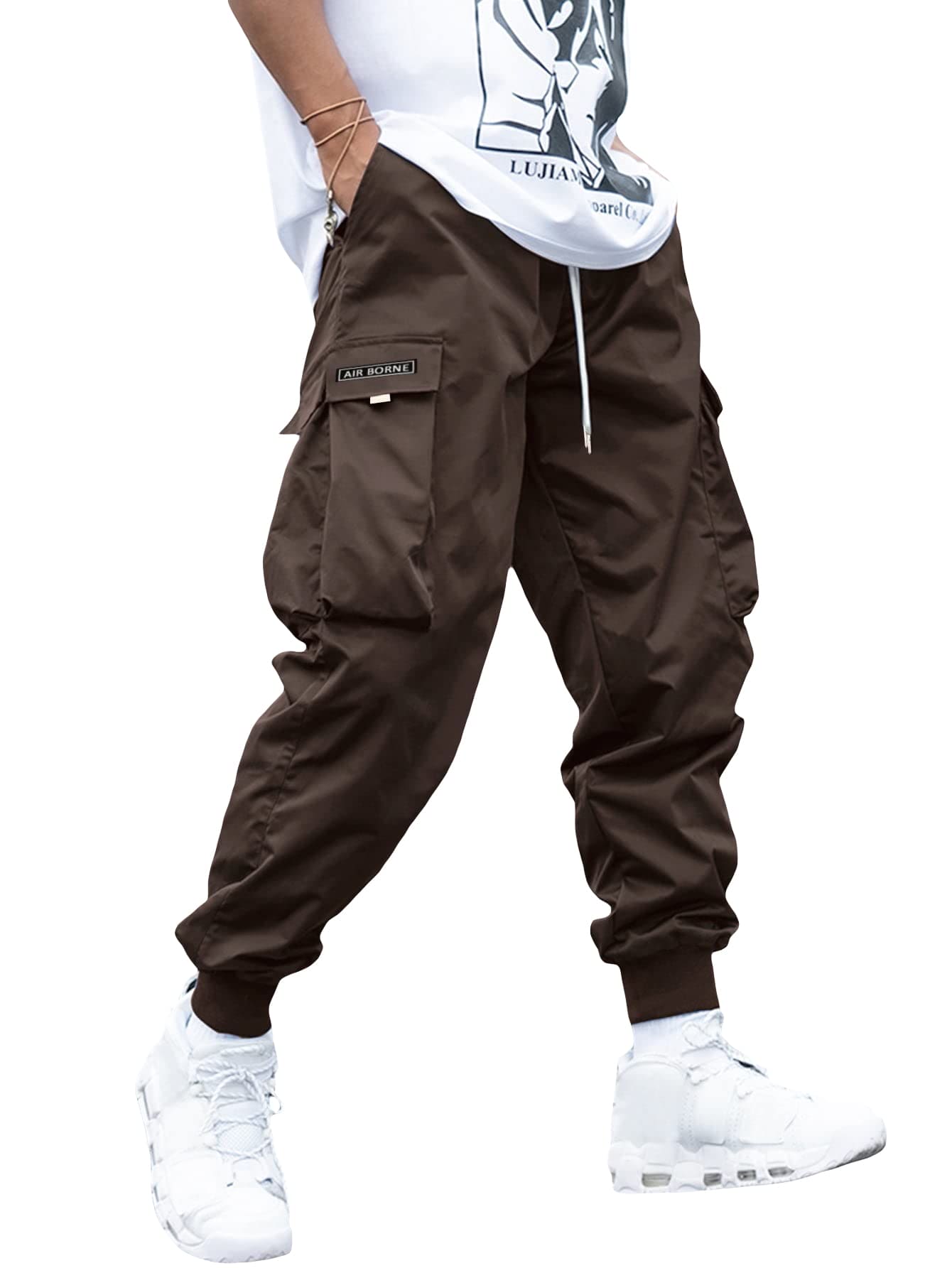 OYOANGLE Men's Casual Drawstring Elastic Waist Flap Pocket Letter Graphic Street Jogger Cargo Pants Coffee Brown L