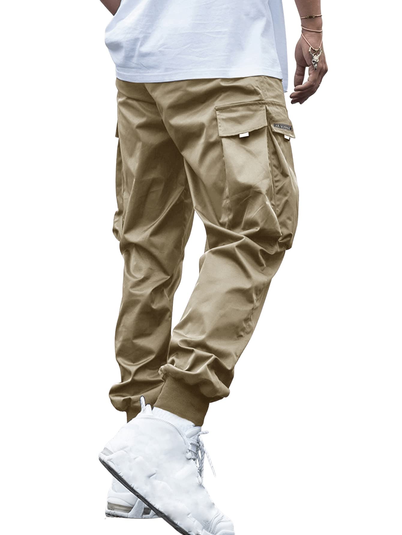 OYOANGLE Men's Casual Drawstring Elastic Waist Flap Pocket Letter Graphic Street Jogger Cargo Pants Khaki L