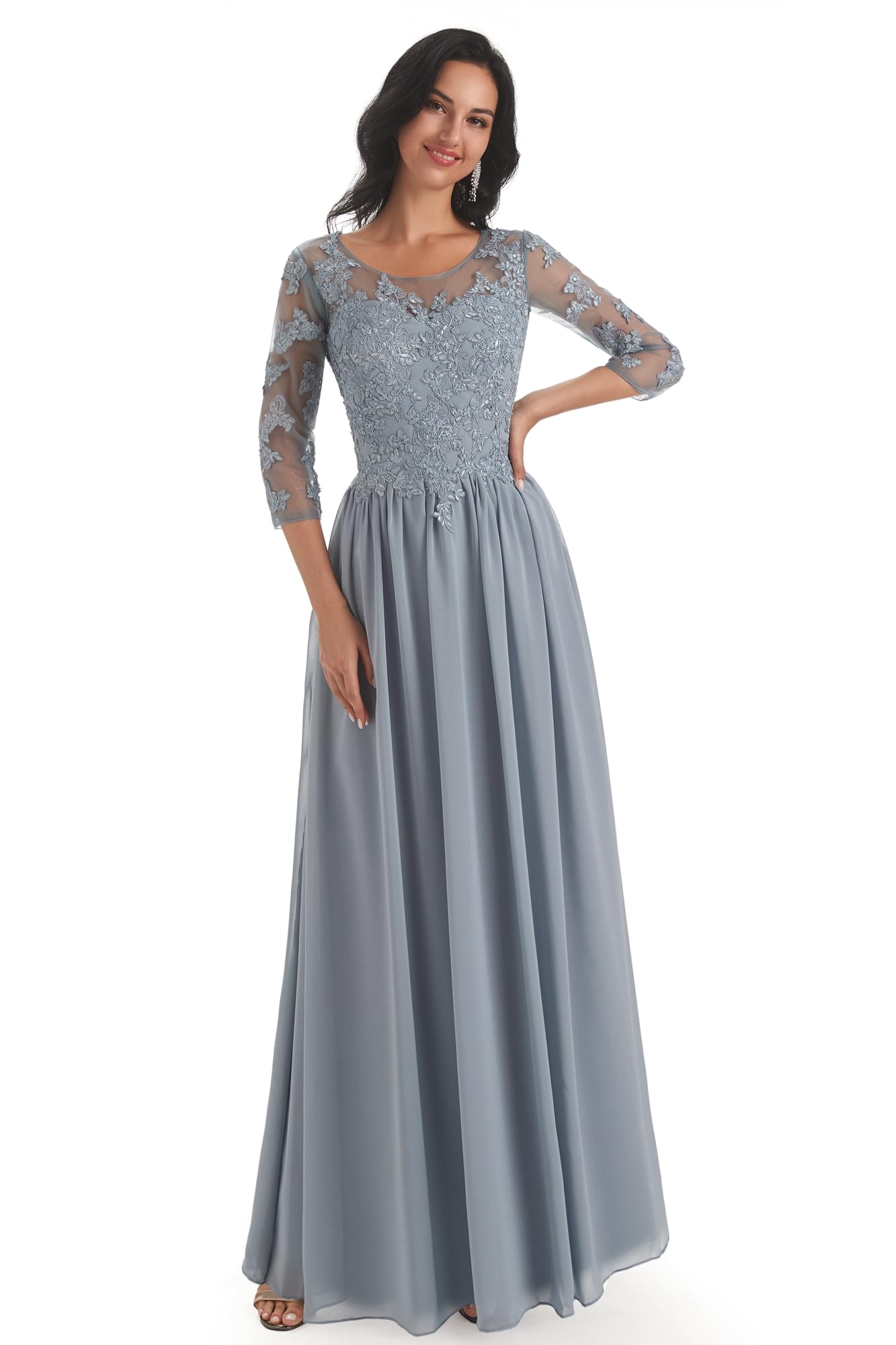 PAVERJER Pleated Taupe Mother of The Bride Dresses Long Chiffon Formal Dress Appliques Lace Gown with Sleeves Size 0