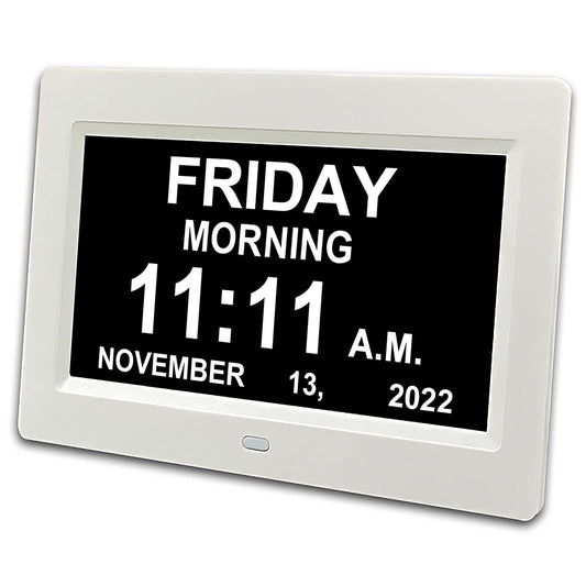 Inker 2024 Digital Calendar Day, 7.2'' Large HD Screen, am pm, 8 Alarm Dementia Clock, Extra Impaired Vision People, and Aged Seniors, Bed, Desk, Wall (Adapter Not Included), White