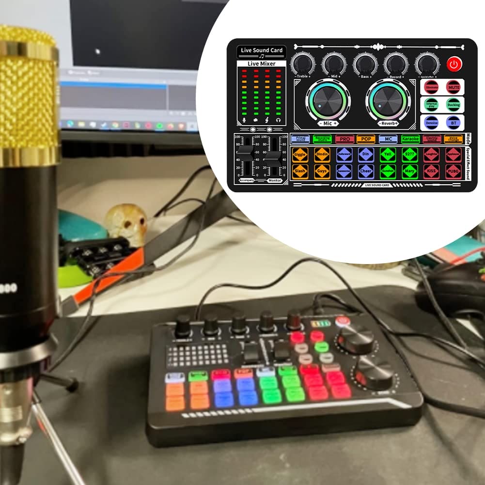 Tongdejing Sound Effects Board, Live Sound Board, Voice Changer Audio Mixer Live Sound Card for Live Streaming Podcasting Recording, LED Light, DJ Mixer, Soundboard, Voice Changer