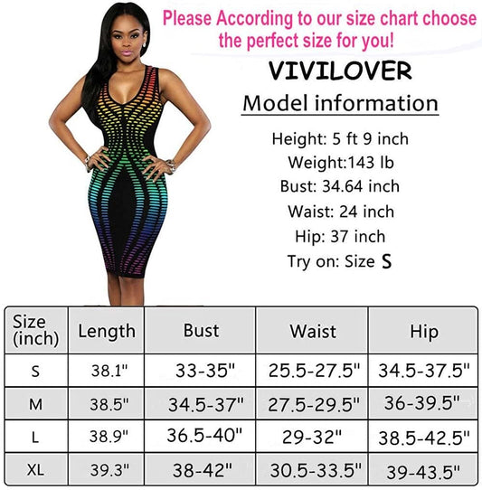 Vivilover Women's Sexy V-Neck Party Dresses Sleeveless Stripe Print Bodycon Midi Club Dress (XL, Multi 1)