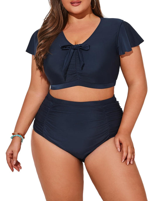 Hanna Nikole Women Push Up Swimwear V Neck Tummy Control Bikini Summer for Chubby Navy Blue 22