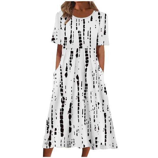 AMhomely Summer Dresses Women UK Clearance Elegant Casual Sexy Round Neck Printing Short Sleeve Pockets Dress Special Occasions Ladies Maxi Dresses Plus Size Petite Sexy Dress UK Size, Black 1, 16