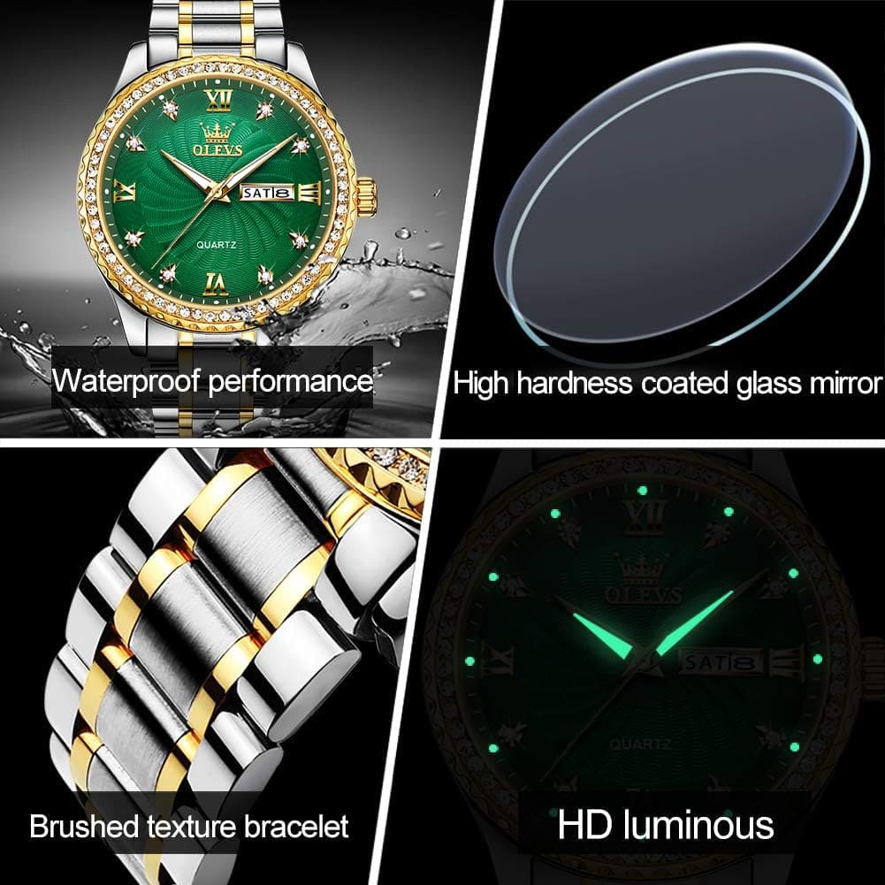 OLEVS Mens Watch Luxury Diamonds Green Dial Day Date Wrist Watches for Men Big Face Gold Bezel Luminous, Male Business Casual Analog Quartz Watch Waterproof with Stainless Steel Band Classic Gifts Set