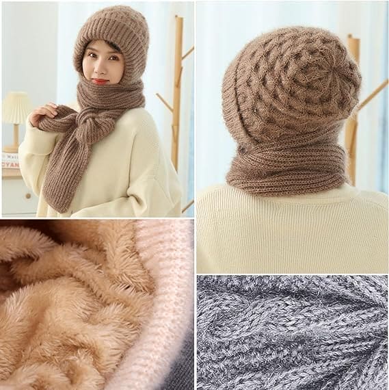 Integrated Ear Protection Windproof Cap Scarf, Hat and Scarf Combined Winter Hats for Women, Velvet Thick Winter Knitted Hat, Winter Warm Knitted Beanie Hat Scarf (Pink)