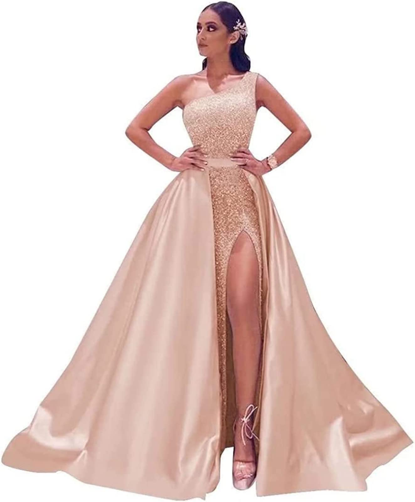 PAVERJER Plus Size Prom Dresses for Teens 2024 One Shoulder Dresses for Women Long Rose Gold Formal Dress Ball Gowns with Slit US 22W