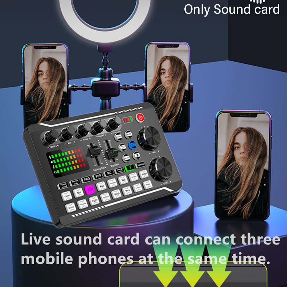 Kisbeibi Live Sound Card with LED Light Universal Bluetooth Stereo Audio Mixer Voice Changer Phone Computer Sound Card for Podcast Streaming PC Recording Studio and Gaming