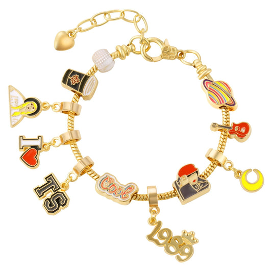 AUAUY TS Album Charm Bracelet, Golden 1-9-8-9 TS Bracelets, Singer Charm Bracelet, Removable Singer Themed Charms Merch, Friendship Bracelets Gifts for Girls, TS Charm Bracelets for Women