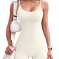 OQQ Women's Yoga Rompers One Piece Ribbed Spaghetti Strap Exercise Romper Beige