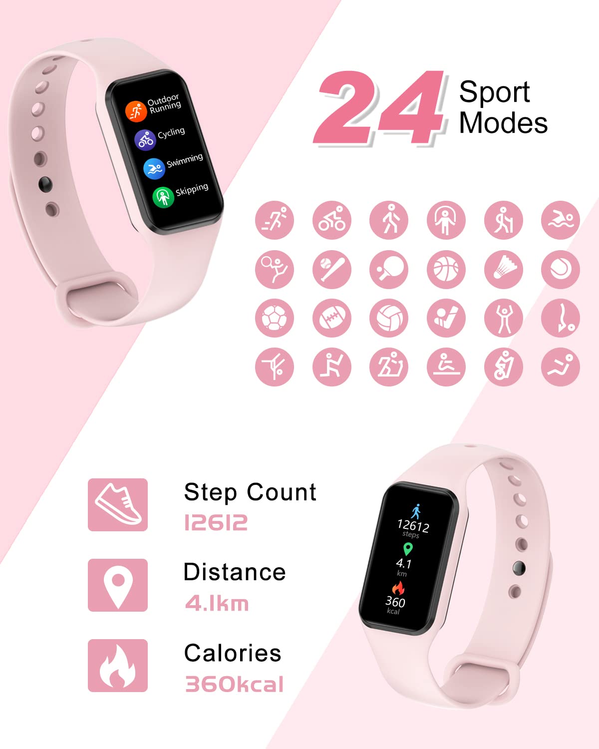 IOWODO Smart Watch for Women, Fitness Tracker with Heart Rate/Blood Oxygen/Sleep Monitor/Custom Dials, 5ATM Waterproof Step Counter Watch with 24 Sport Modes Activity Tracker for iOS Android - Pink