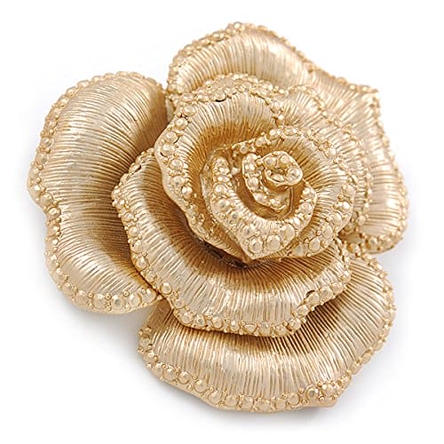 Avalaya Dimensional Rose Brooch in Brushed Gold Finish - 55mm Across