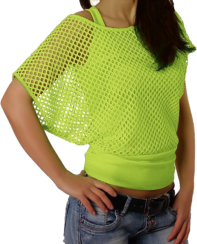 ELFIN Women 80s T Shirts Neon Fishnet Mesh Top Off Shoulder Tops Fany Dress for Women (Tops+Vest)