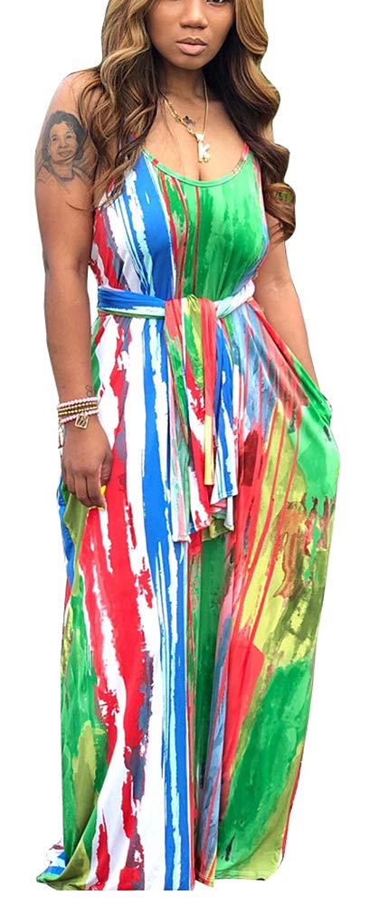 Women's Casual Floral Spaghetti Strap Maxi Dress with Pockets Floor Length Plus Size Sundresses