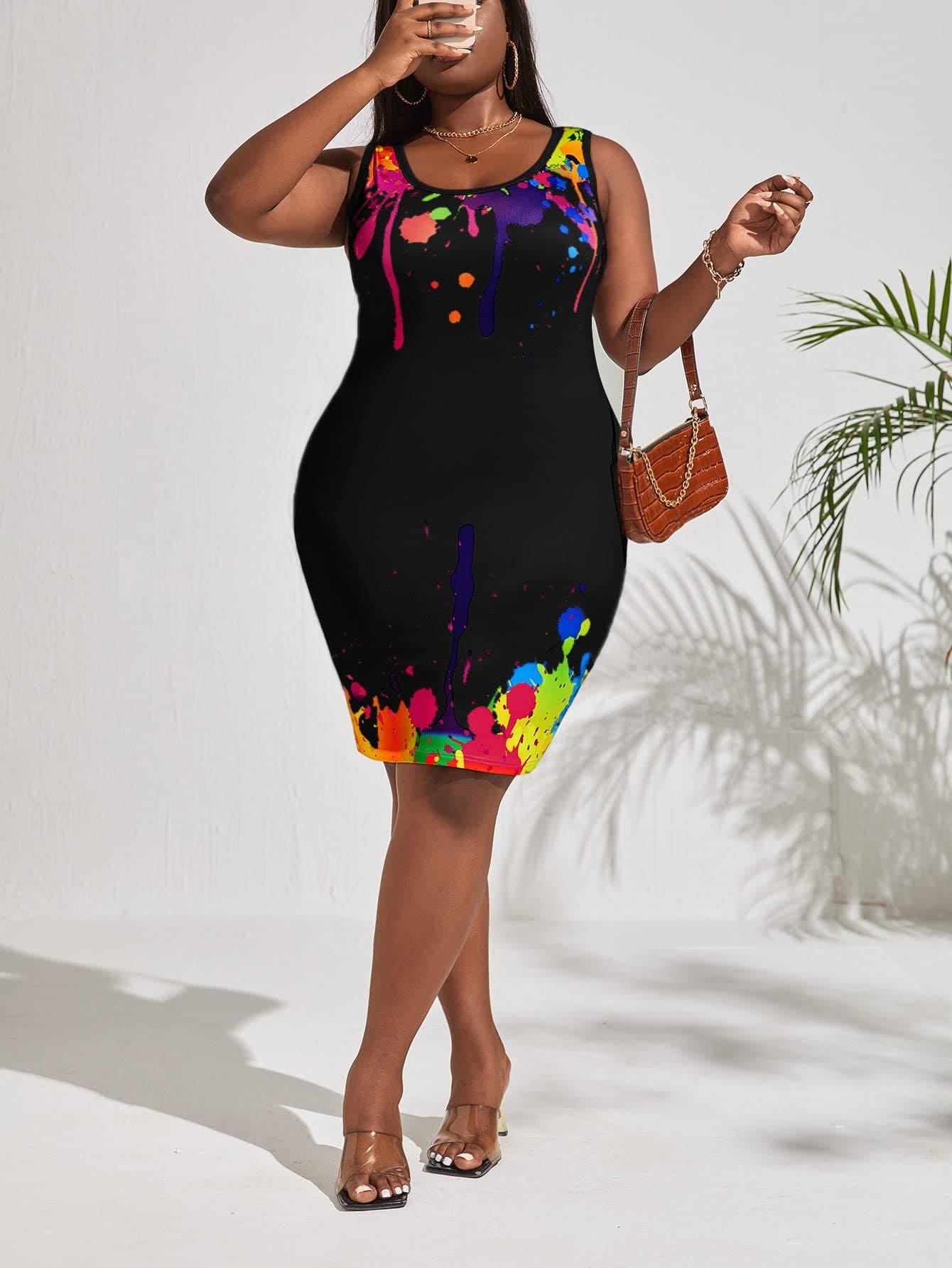 OYOANGLE Women's Plus Size Splash Ink Print Sleeveless Scoop Neck Pencil Tank Dresses Black 0XL