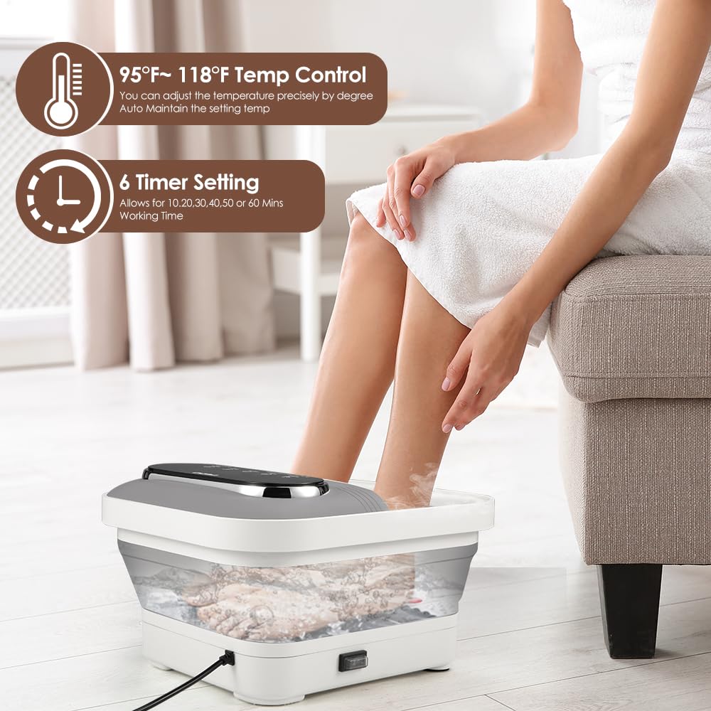 iFedio XL Touch Screen Collapsible Foot Spa with Heat, Bubble and Temperature Control, Foot Bath Massager with Massage Rollers, Foot Soaking Tub, Pedicure Foot spa for Stress Relief (Grey)