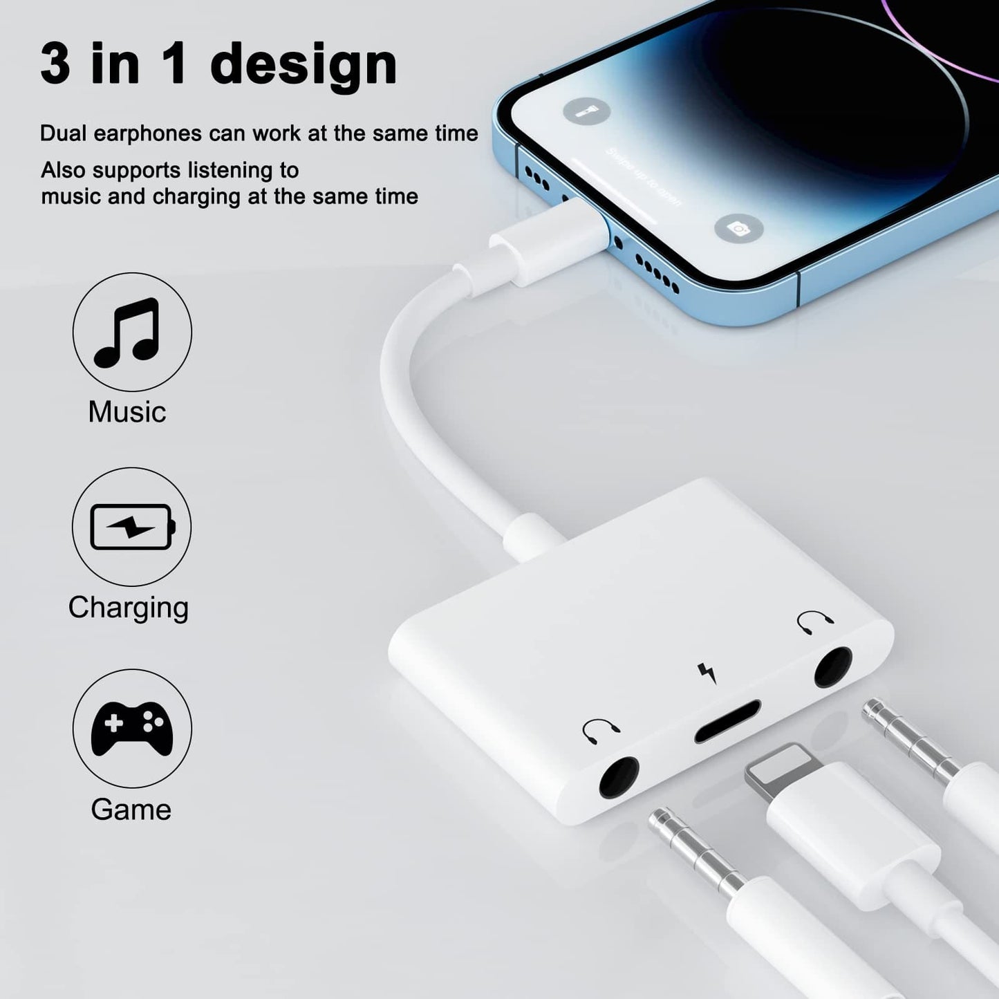 Headphone Adapter for iPhone, 3 in 1 iPhone to 3.5mm Headphone Jack Adapter, Dual Aux Audio iPhone Splitter Headphone and Charging, Earphone Adapter for iPhone 14/13/12/11/X/8/8plus/7/7plus/Pad/Pod