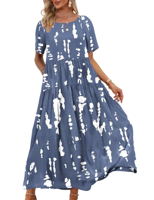 YESNO Women Dresses Casual Plus Size Bohemian Short Sleeve Floral Long Maxi Summer Beach Swing Dress/Pockets XL EJFUK CR147
