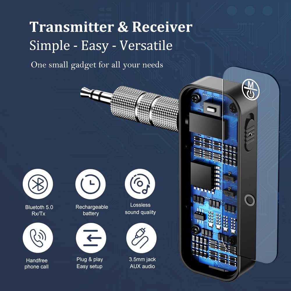 Bluetooth Transmitter Receiver Wireless Adapter: 3.5mm Aux Jack Stereo Audio Input Output - for TV Car Headphone Speakers iPhone PC