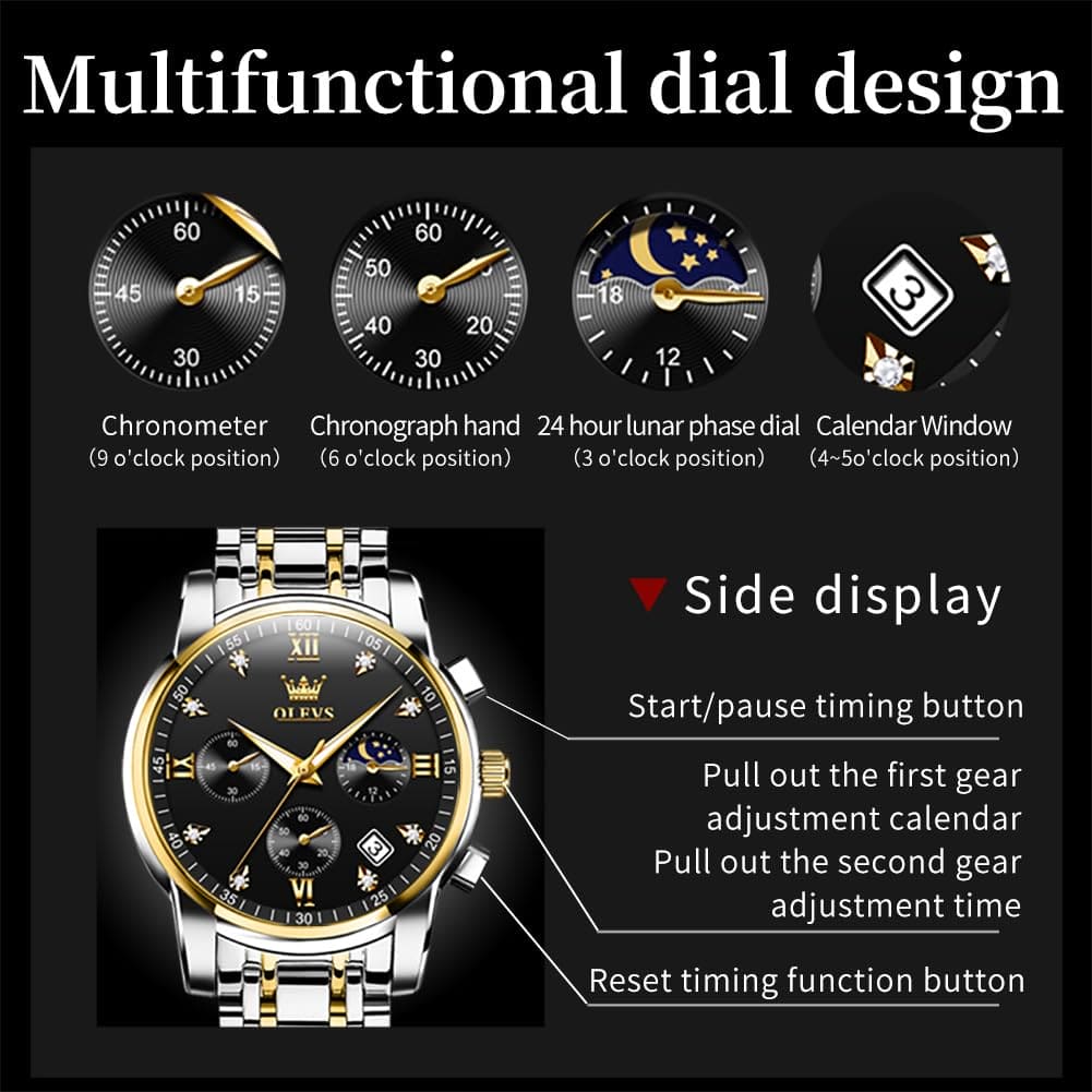 OLEVS Mens Watches Chronograph Business Dress Quartz Stainless Steel Waterproof Luminous Date Wrist Watch Black Watch for Men