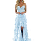 PAVERJER Lace Appliques Strapless Corset Prom Dresses for Women 2024 Long Ruffle Tiered Formal Dress with Slit Light Blue Size 4