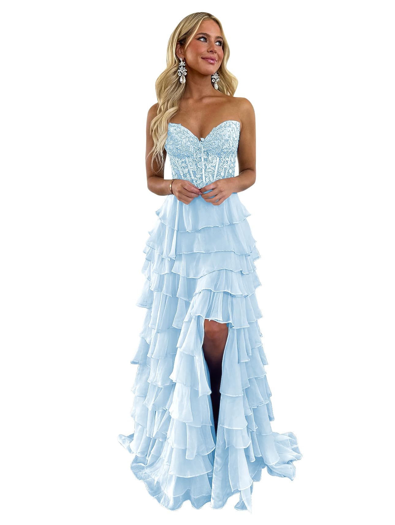 PAVERJER Lace Appliques Strapless Corset Prom Dresses for Women 2024 Long Ruffle Tiered Formal Dress with Slit Light Blue Size 4