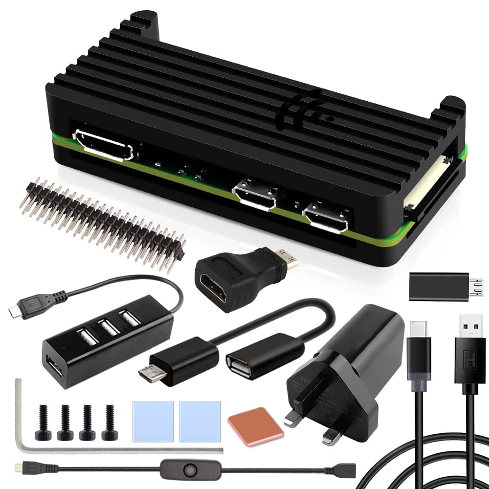 GeeekPi Raspberry Pi Zero 2 W Case Kit with Raspberry Pi Zero 2 W Aluminum Passive Cooling Case,QC3.0 Quick Charger Power Supply,Heatsink,20Pin GPIO Header,4 Port USB Hub,ON/Off Switch Cable (Black)