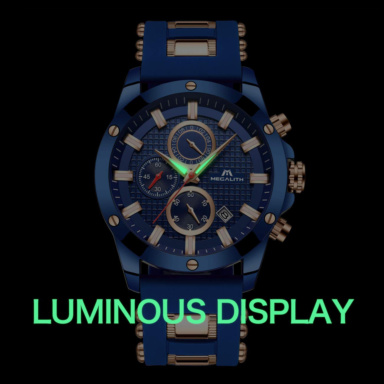 MEGALITH Mens Watches Chronograph Waterproof Watches for Men Blue Face Analogue Wrist Watches Designer Gents Watches Rubber Quartz Luminous Date