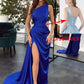 PAVERJER One Shoulder Bridesmaid Dresses Long Royal Blue Ball Gowns with Slit Mermaid Satin Formal Dress for Women Size 2