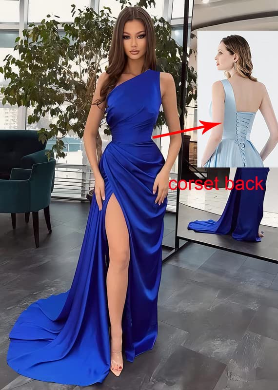 PAVERJER One Shoulder Bridesmaid Dresses Long Royal Blue Ball Gowns with Slit Mermaid Satin Formal Dress for Women Size 2