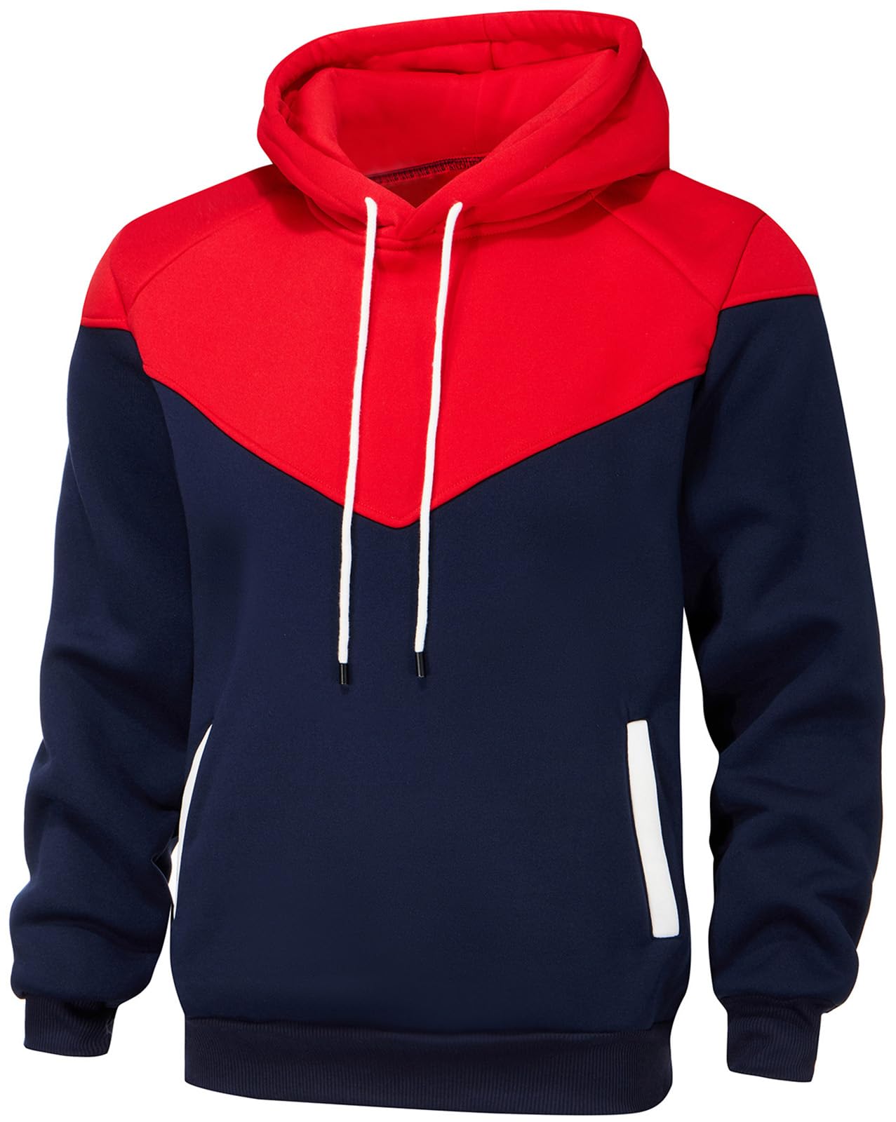 comefohome Mens Hoodies UK Pullover Color Block Sweatshirts Long Sleeve Fleece Hoody Drawstring Casual Designer Tops with Pockets Red Navy L