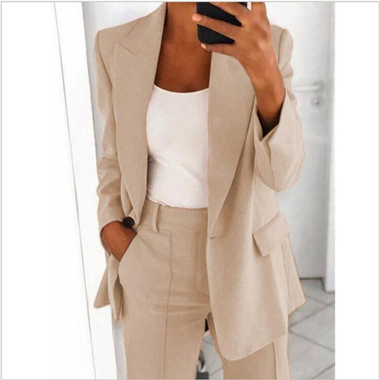 Blazer Suit Set Women Sale 2 Piece Suits for Women Button Long Sleeve Jacket Long Pants Solid Color Two Piece Outfits Lapel Outerwear Blazer and Trouser Suits Ladies Sets Plus Size Beige XXL