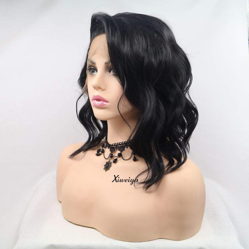 Xiweiya Wigs 1b# Black Loose Wave Bob Lace Front Wig Side Part Natural Black 13x4 Lace Front Wig Natural Hairline Heat Reistant Fiber Synthetic Full Wig Soft Wig for Women 14inch