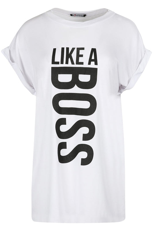 Fashion Star Womens Lips Eyes T Shirt Ladies Stretch Baggy Oversized Short Turn Up Sleeve Top (M/L (UK 12/14), Like A Boss White)