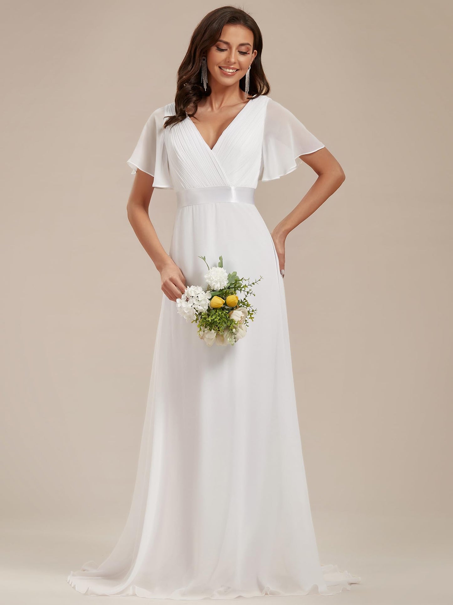 Ever-Pretty Women's Elegant Double V Neck A Line Empire Waist Short Sleeve Long Chiffon Wedding Dresses White 18UK