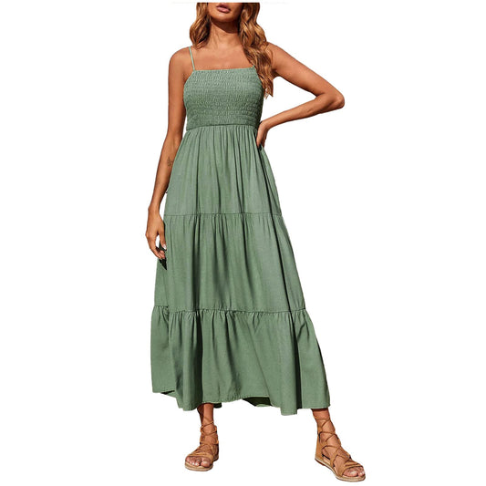 Holiday Beach Dress for Women UK Boho Spaghetti Strap Long Dress Sleeveless Maxi Dress Summer Casual Bandeau Sundress Solid Color Beach Dresses Pleated Swing Loose Maxi Dress Green