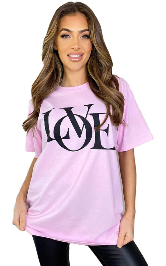 Womens Love Slogan Short Sleeve Oversized Printed Casual Summer Baggy Fashion Ladies Tshirt Tee Plus Size Top (Pink, SM (UK 8-10))