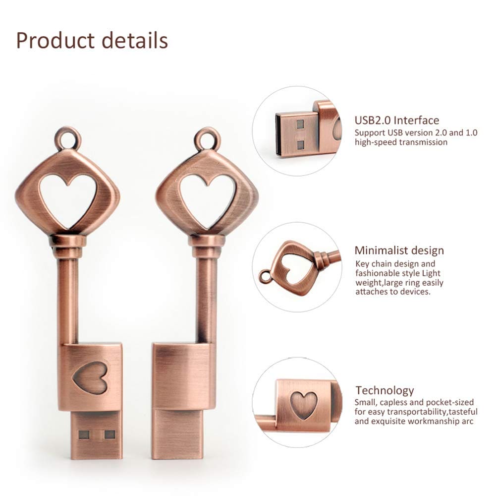 BORLTER CLAMP 32GB USB Flash Drive Cute Memory Stick Retro Metal Heart Key-Shaped Pendrive for External Data Storage