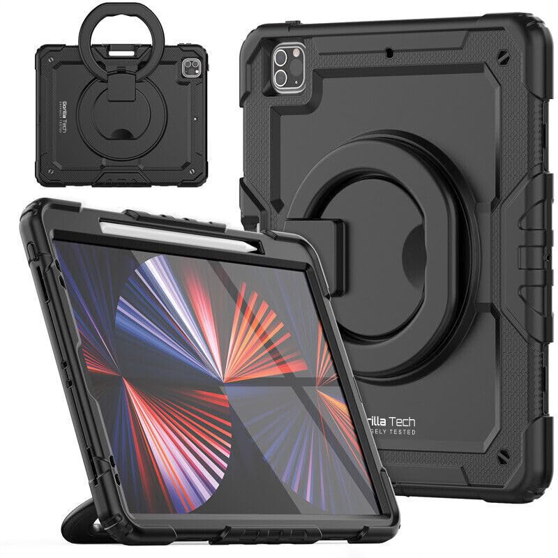 Gorilla Tech Armour iPad Cases Shockproof Luxury Multi-Functional Smart Cover with Hand Holder Kickstand Pen Holder (Black, iPad 10.2 (2021) 9th Gen)