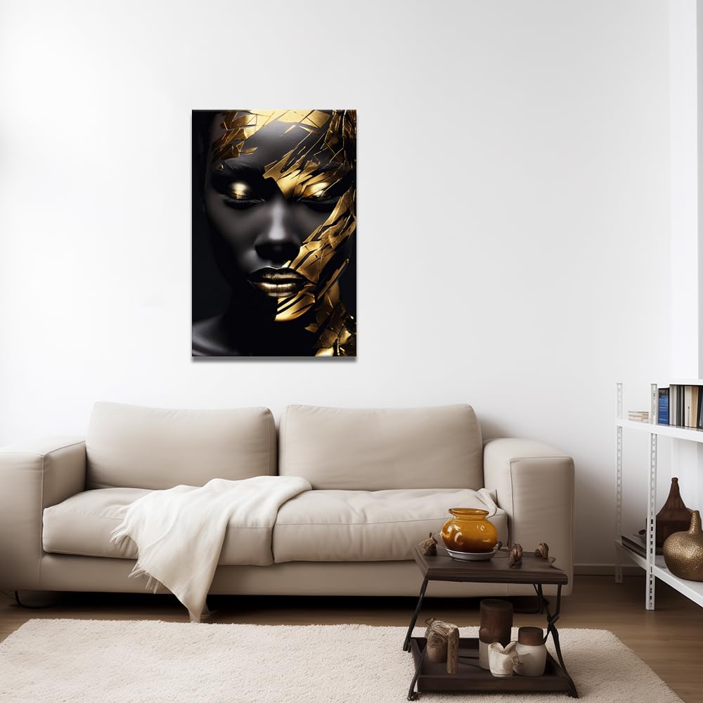 ZQQART African American Wall Art Gold Black Women Canvas Painting Art Abstract Fashion Black Girl Picture Prints Girls Room Decor Framed(Girl 4,12.00" x 18.00")