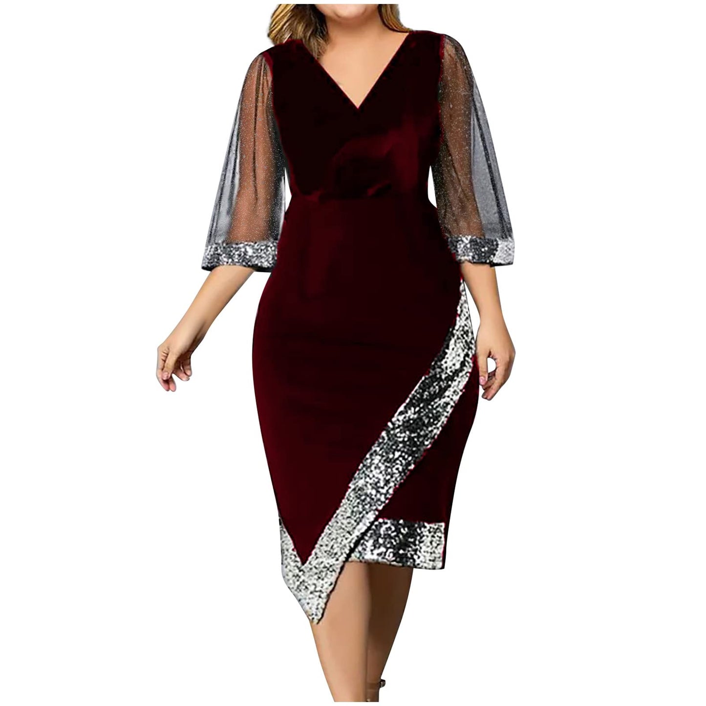 AMhomely Women Dress Sale Clearance Casual V-Neck Irregular Sequin Mesh Half Sleeve Dress Evening Dresses UK Ladies Dress Party Elegant Beach Dress Club Cocktail Work Dresses Evening Gowns Wine, 3XL