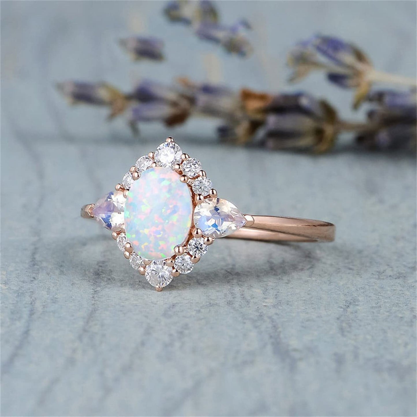 Warehouse Deals Clearance Exquisite Floral Opal Ring for Women Girls, Elegant Round Cut Dainty Halo CZ Wedding Band Thin Stackable Cubic Zirconia Promise Engagement Ring Deals of the Day