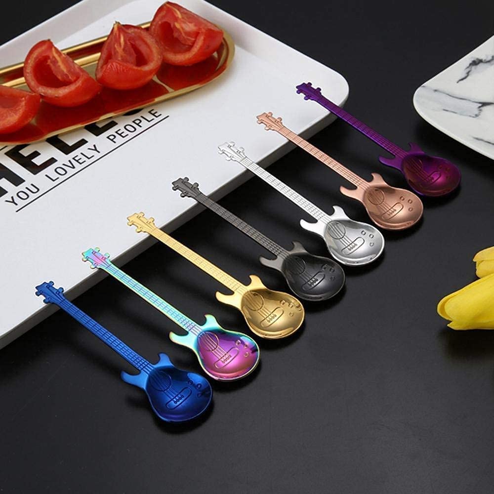 Guitar Coffee Teaspoons, 7pcs Colorful Stainless Steel Musical Coffee Spoons Cute Tea Spoons Set Stirring/Mixing/Sugar/Dessert/Jam/Ice Cream Spoon