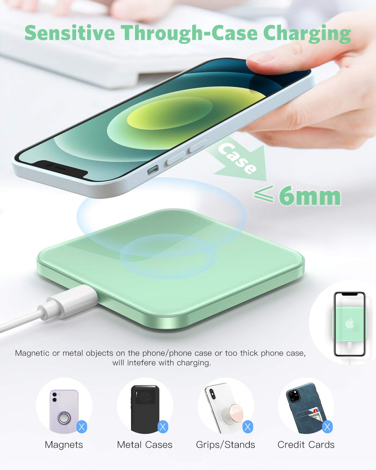 AGPTEK Wireless Charger, Qi-Certified 15W Max Fast Wireless Charging Pad Compatible with iPhone 15/14/13/12/11/XR/XS/8, for Samsung S24/S23/S22/S21/S20/S10/S9, AirPods Pro, Green (No AC Adapter)